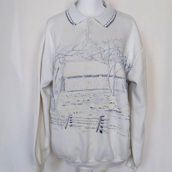 Art Unlimited Tops - Art Unlimited Womens Collared Long Sleeve Sweatshirt Snow Cabin Blue White XL